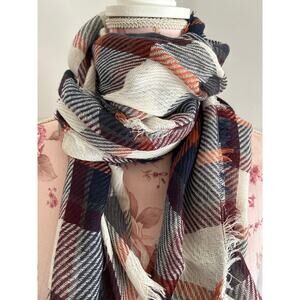 Plaid scarf white navy blue orange burgundy